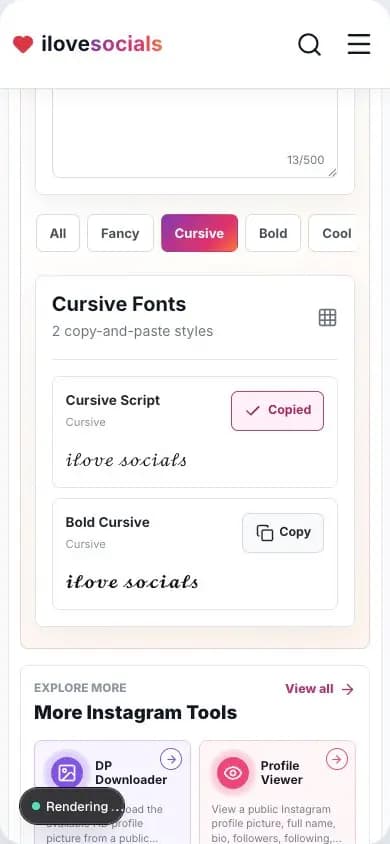 Instagram Fancy Fonts Generator showing a copied cursive text result