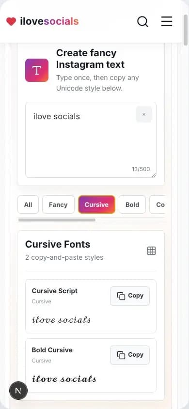 Instagram Fancy Fonts Generator showing cursive style previews for typed text