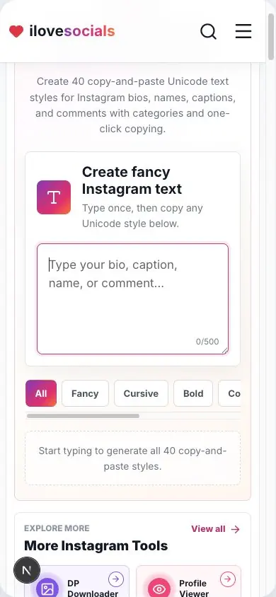 Instagram Fancy Fonts Generator mobile page showing the text input area