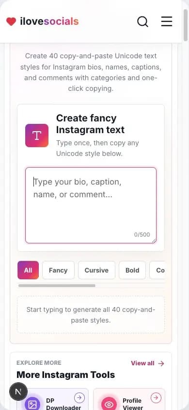 Instagram Fancy Fonts Generator showing the empty mobile text field and style choices
