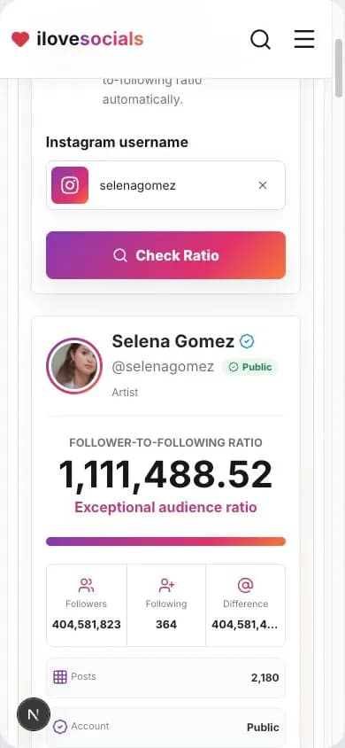 Instagram follower ratio result showing the ratio, followers, following and account difference