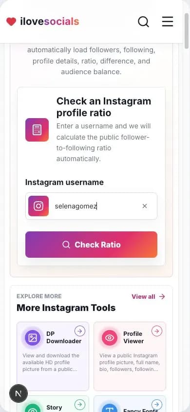Instagram follower ratio calculator with a public username entered and check button ready