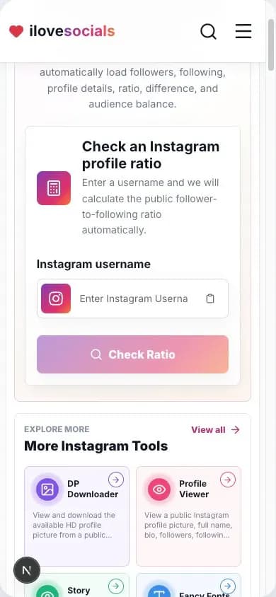 Instagram follower ratio calculator showing the public username field on mobile
