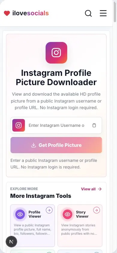 Instagram Profile Picture Downloader on mobile showing the username input field