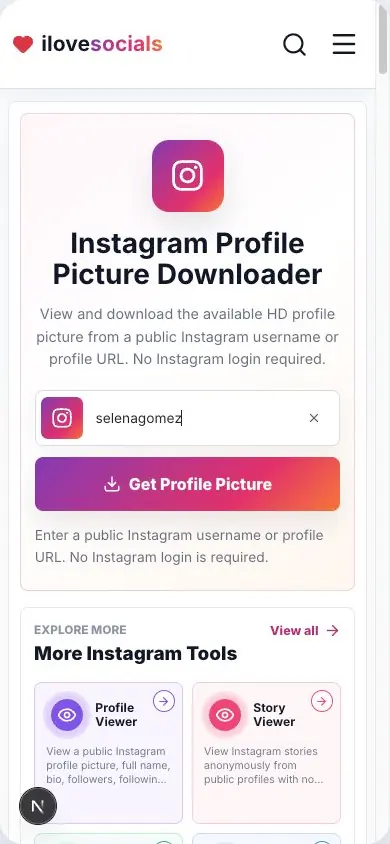 Instagram Profile Picture Downloader with the selenagomez username entered