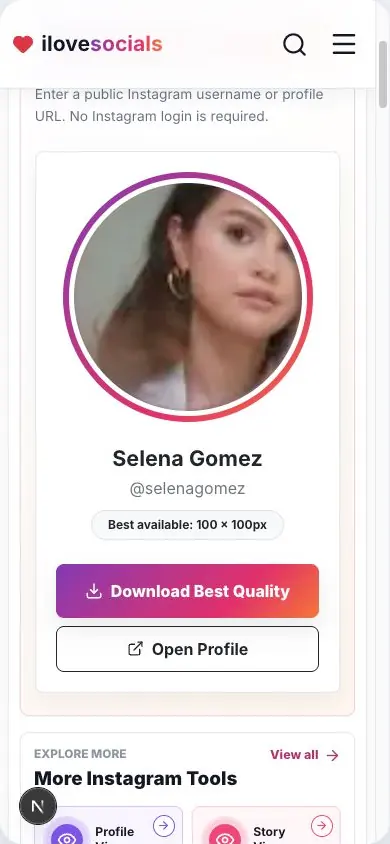 Instagram profile picture result for Selena Gomez with the best-quality download button
