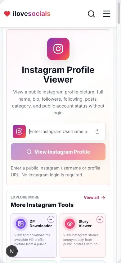 Instagram Profile Viewer mobile page showing the username field