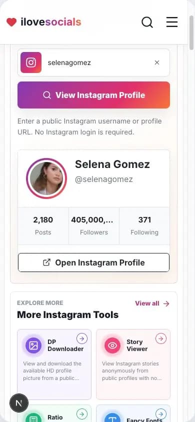 Instagram Profile Viewer showing a public profile picture, post count, follower and following totals