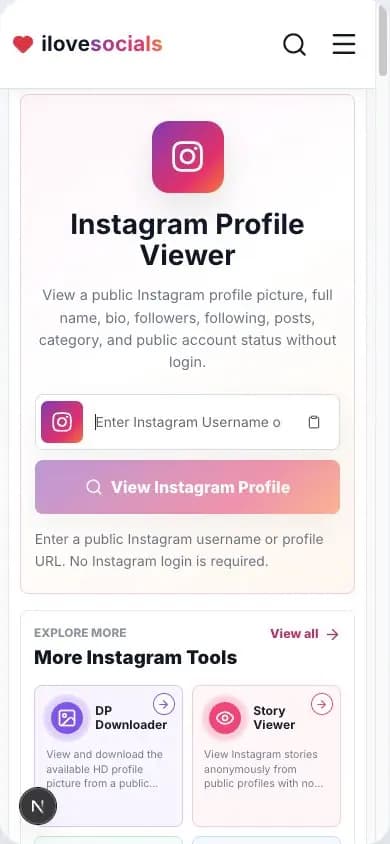 Instagram Profile Viewer showing the public username field on mobile