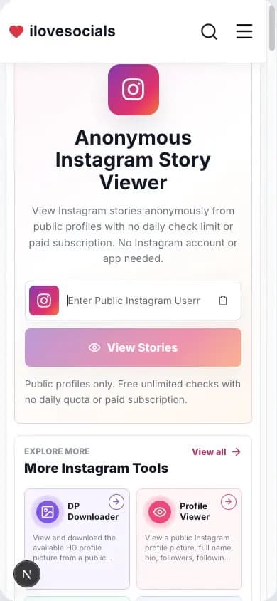 Anonymous Instagram Story Viewer showing the public username input on mobile