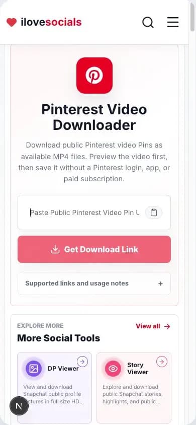 Pinterest Video Downloader showing the public Pin URL field on mobile