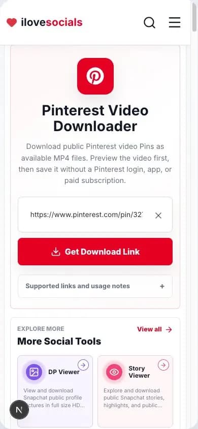 Pinterest Video Downloader with a public Pin link entered and download-link button ready