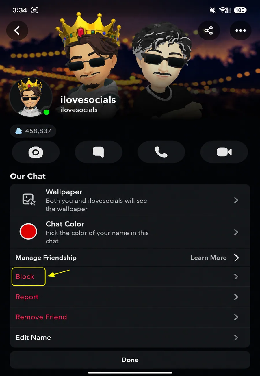 Tap Block in the Snapchat Manage Friendship menu