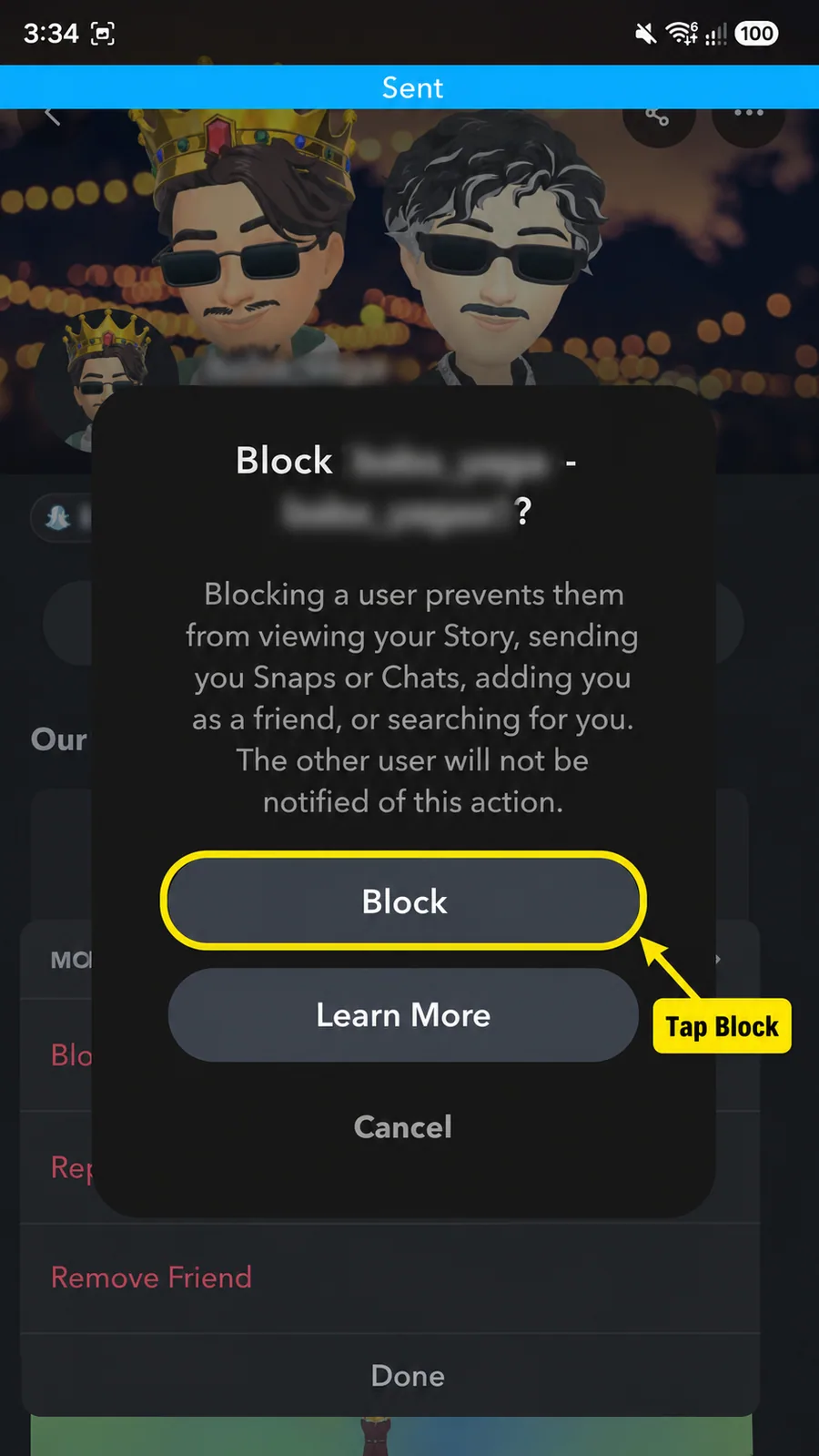 Confirm blocking a friend on Snapchat