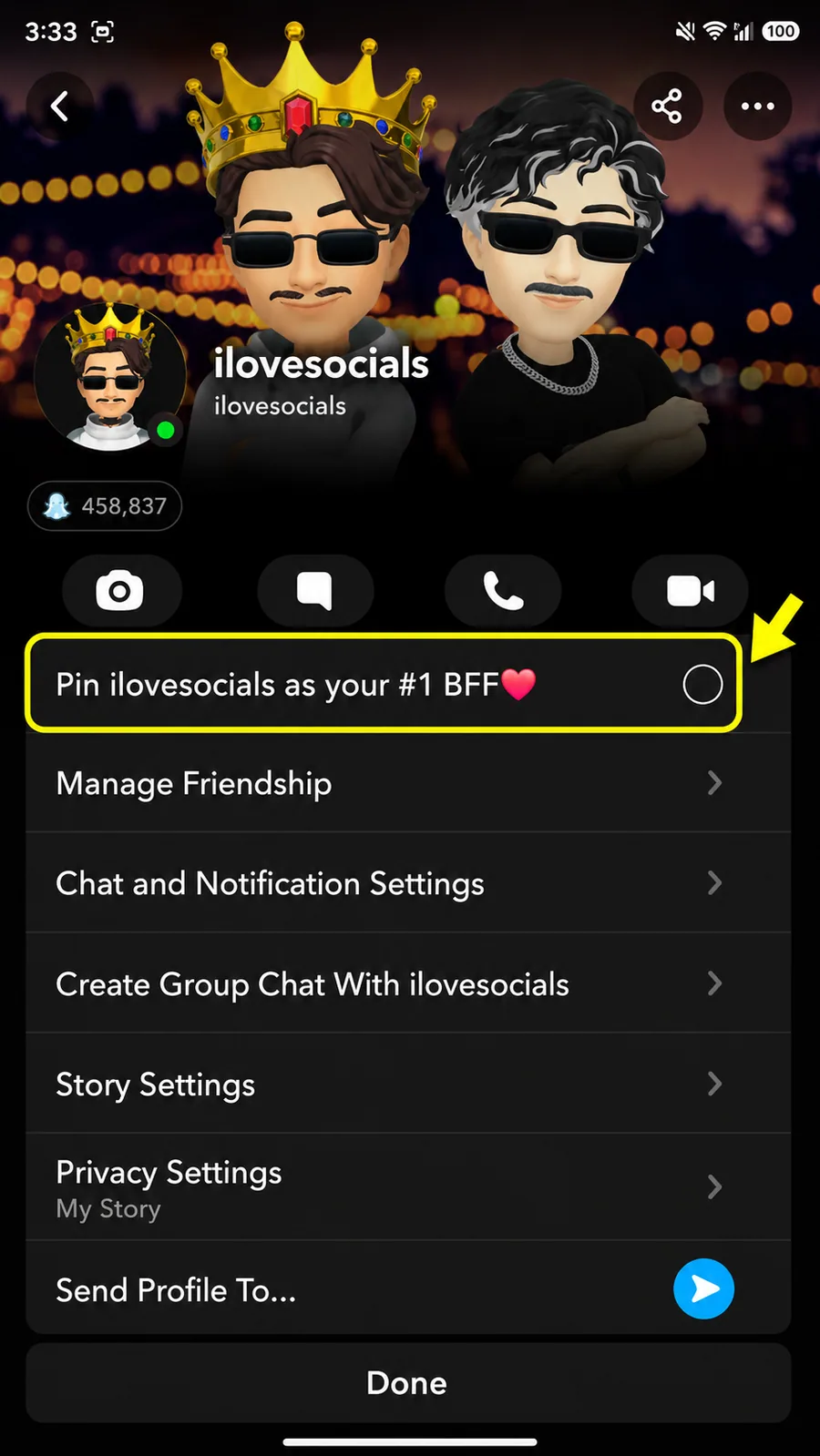 Select Pin as your number one BFF on Snapchat