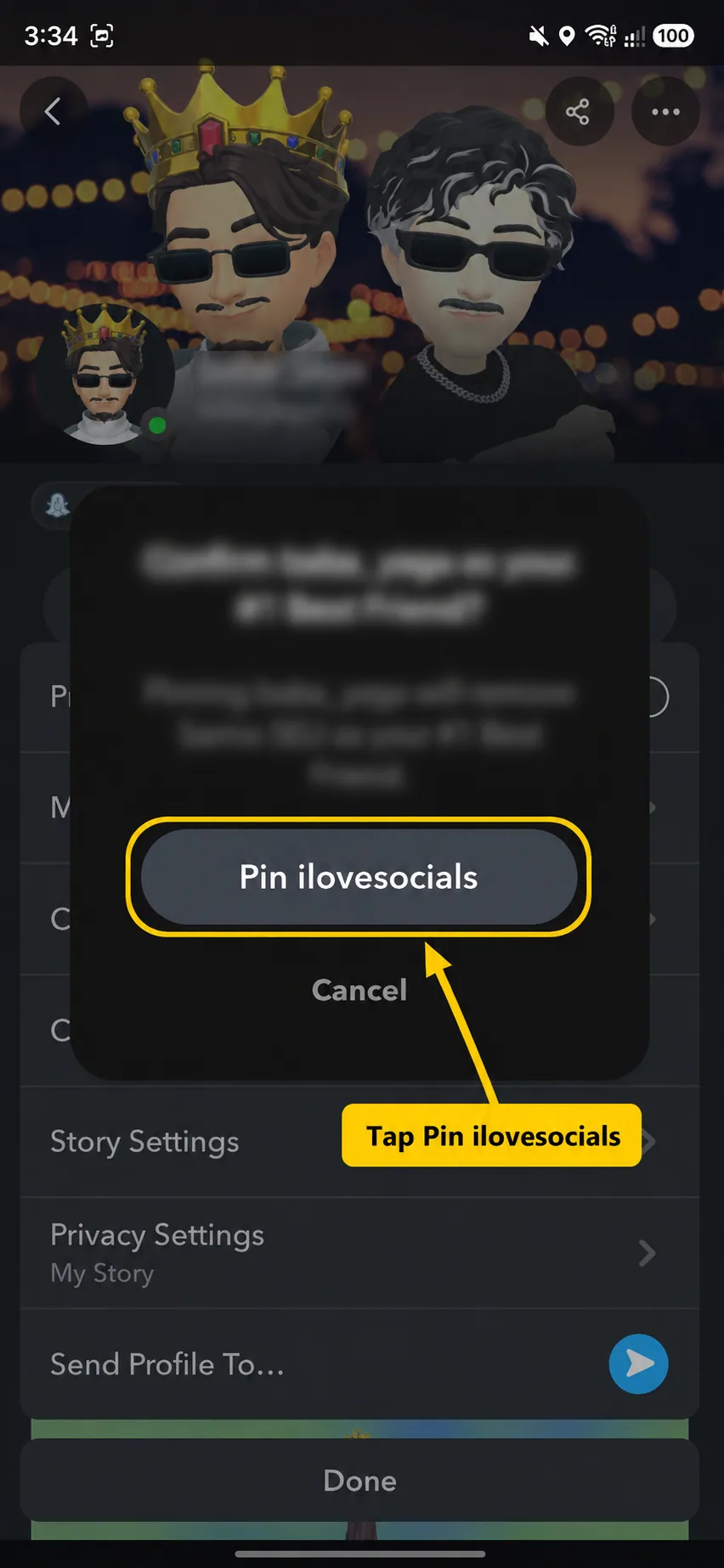Confirm pinning a friend as your number one BFF on Snapchat