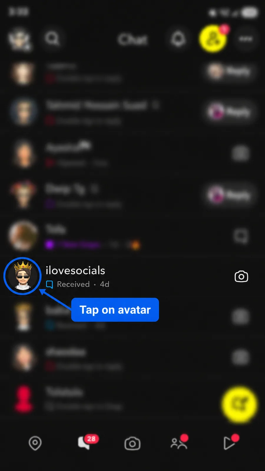 Tap a friend's avatar to remove them from Snapchat