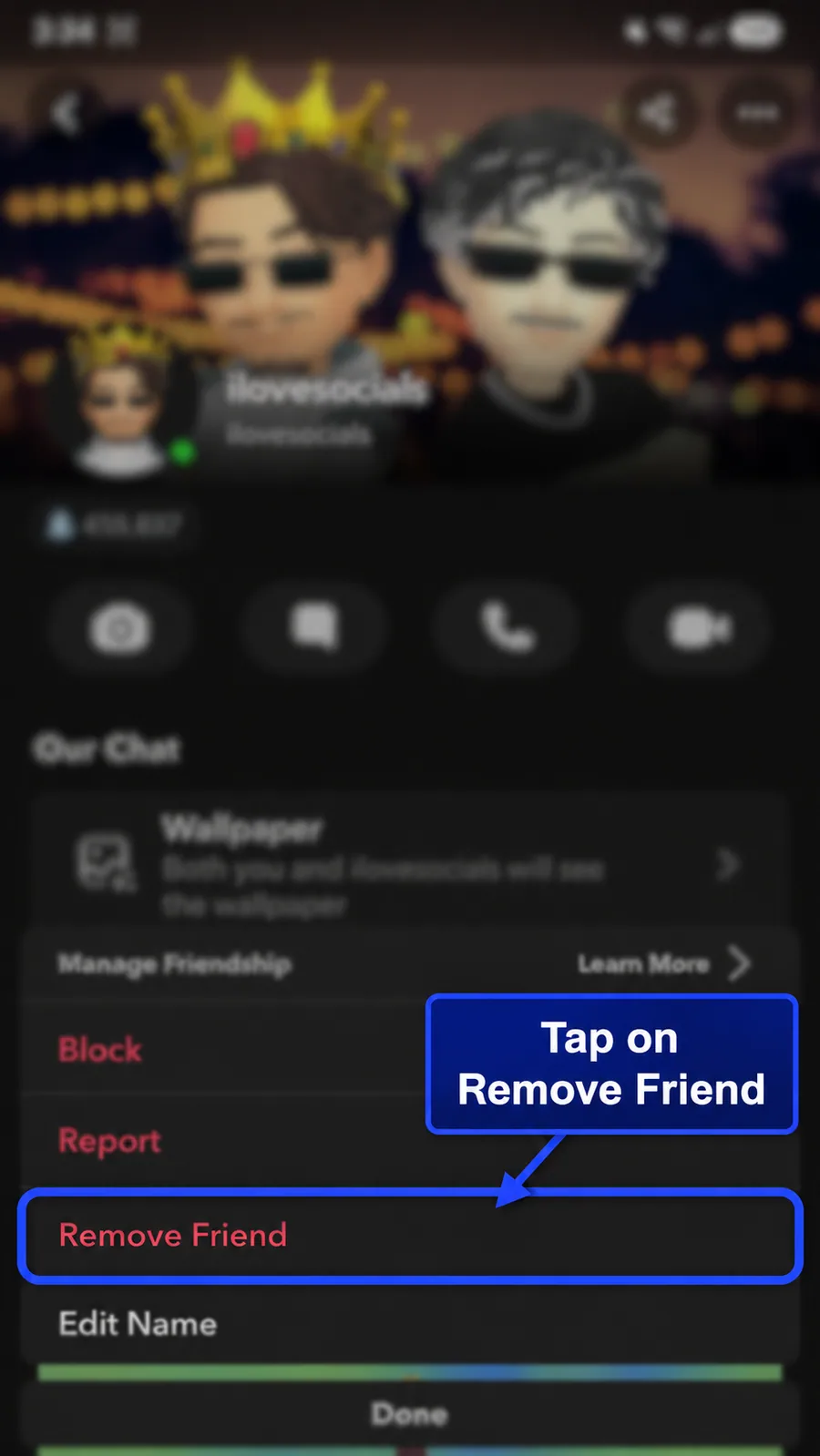 Tap Remove Friend to unfriend someone on Snapchat