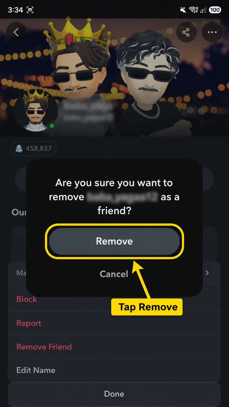 Confirm removing someone from your Snapchat friends list