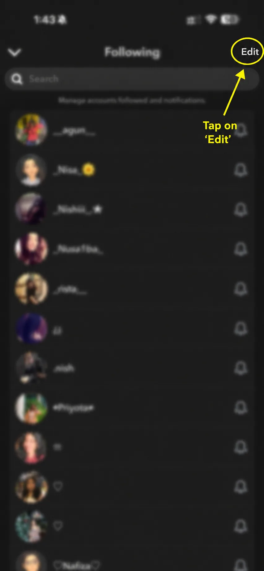 Tap Edit to manage followed Snapchat accounts